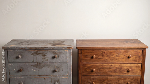 Weathered painted dresser beside beautifully refinished walnut chest of drawers showing dramatic before and after furniture restoration transformation comparison