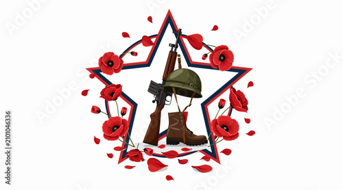 Remembrance Day Poppies, Military Gear, and Star Emblem - Memorial Day Concept