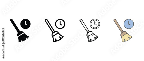 Broom and clock icons in various styles for cleaning and time management concepts  household chores and schedules