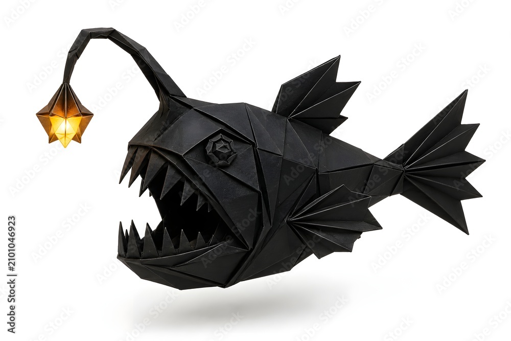 Fototapeta premium Origami Anglerfish with Glowing Folded Lure in Deep Black Paper Suspended on White Seamless Background