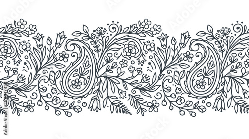 Floral Paisley Seamless Horizontal Border Vector Hand Drawn Line Art