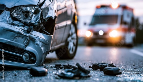 Damaged vehicle aftermath, emergency vehicle lights flashing, debris on road