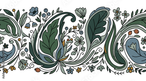 Seamless Paisley Floral Border Illustration in Muted Colors
