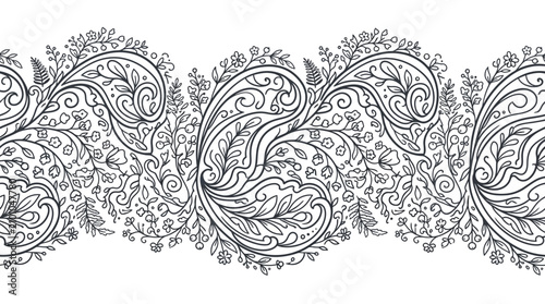 Paisley Floral Seamless Border Pattern Black Line Art