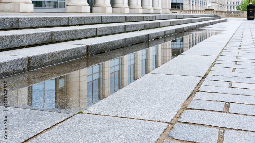 Obraz premium Reflective Puddle on Stone Steps Outside Modern Building with Classical Columns