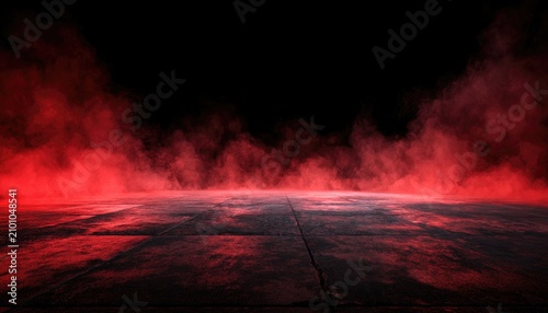 Red mist rises from a dark, textured ground, creating an ominous, atmospheric scene
