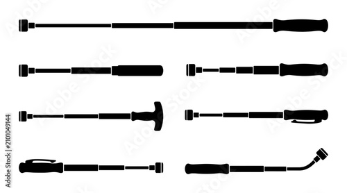 Bild auf Leinwand Collapsible Baton Silhouettes, Telescopic Stick Icons, Expandable Rod Vector Set