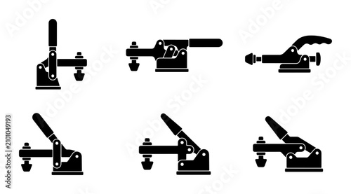 Bild auf Leinwand Set of 6 Black Toggle Clamps, Industrial Holding Tools, Metal Fasteners, Worksho