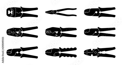 Fotografie Set of 9 Black Pliers and Crimpers, Hand Tools Collection, Electrical Wire Strip