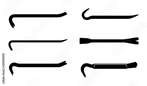 Fotografie Set of Black Crowbar Icons, Pry Bar Vector Graphics, Heavy Duty Tools, Industria
