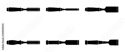 Bild auf Leinwand Chisel Set Vector Icons, Woodworking Tools Silhouettes, Crafting Implements Coll