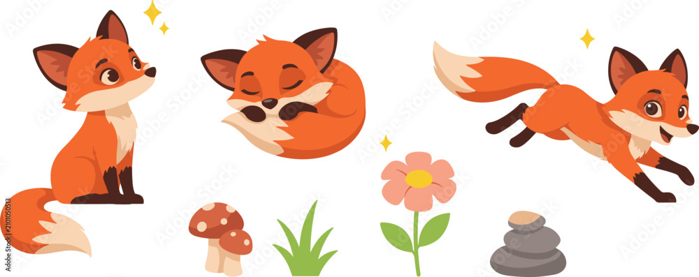 Obraz premium Cute Fox Cartoon Character Vector Set Featuring Baby Red Fox Sitting Sleeping Curled Up Running and Woodland Nature Elements Like Mushroom Flower and Stones