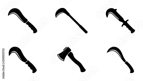 Obraz na plátně Farm Tools Vector Icons: Machete, Axe, Sickle Set, Agricultural Implements, Blac