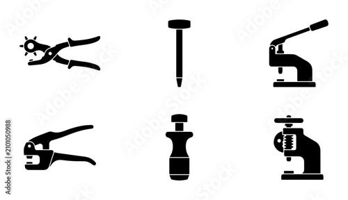 Konstfotografi Crafting Tools Set: Punch, Rivet, Eyelet Tools, Vector Icons for Leatherwork and