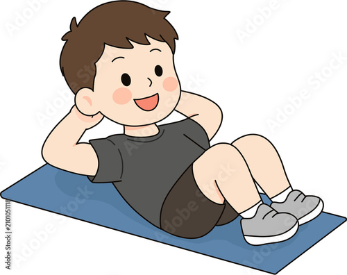 Cuadro en lienzo 파란 매트 위에 누워 윗몸 일으키기 복근 운동을 하는 남자 캐릭터