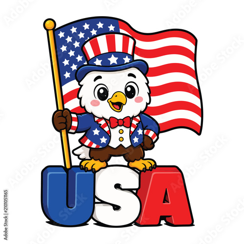 Cute Patriotic Eagle Mascot Standing on USA Letters with American Flag Kawaii Independence Day Flat Vector Illustration