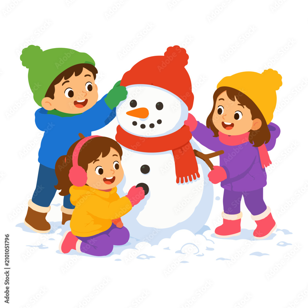 Fototapeta premium Children Playing in Snow Wearing Winter Clothes During Cold Season