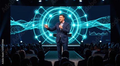 Male executive delivering keynote presentation on stage before seated audience with futuristic digital data visualization backdrop conveying technology and leadership insights in professional setting
