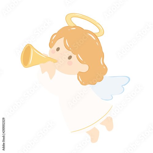 Cuadro en lienzo Cute little angel blowing a golden trumpet illustration, hand drawn whimsical Ch