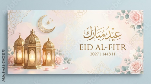 Elegant Ramadan and Eid Al-Fitr Celebration Background with Lanterns and Floral Accents for Islamic Festivals and Greetings