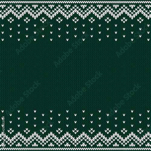 Christmas knitted ugly sweater background with copy space in the middle, green and white illustration, square composition. Vector design. 