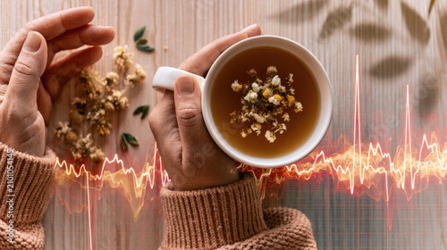Hands cradle warm chamomile tea beside dried flowers, heartbeat graphic overlay