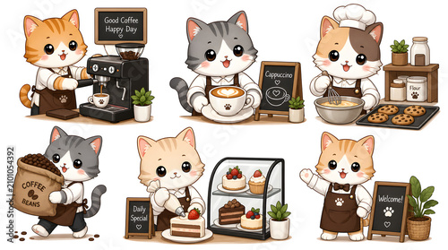 Cute Cats as Baristas and Bakers: A charming set of anthropomorphic cats embodying various roles in a coffee shop and bakery, serving coffee, making pastries, and presenting delicious treats.