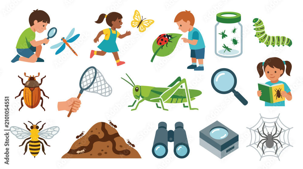 Fototapeta premium Children Studying Insects and Bugs in Nature - Flat Illustration Set for Education and Childhood