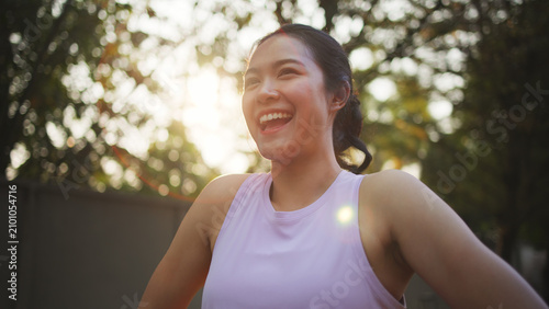Konstfotografi Asia young Gen Z people mindful happy woman open arm relax body deep stress relief outdoor nature green public park sun light self love anti aging life asian female mental health care modern medical