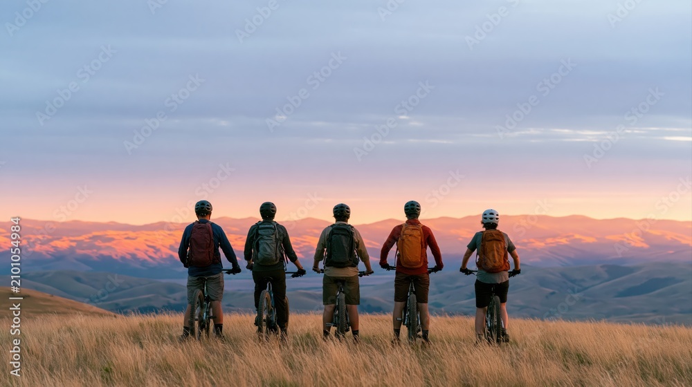Fototapeta premium Biking group of mountain cyclist friends enjoying a sunset landscape cycling adventure