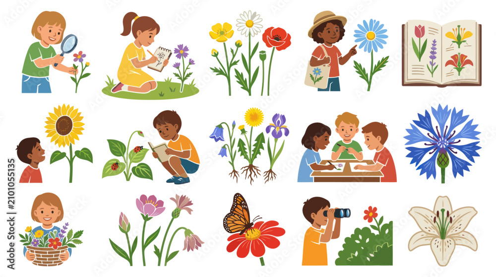 Obraz premium Children Discovering Nature, Studying Flowers and Plants with Magnifying Glass, Book