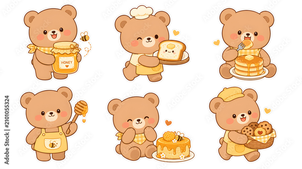 Obraz premium Adorable Bear Illustrations: A collection of six charming cartoon bears, each engaged in honey-related activities, from holding a honey jar and a honey dipper to serving pancakes and cakes.