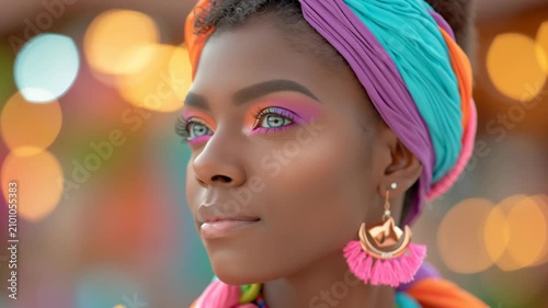 Close-up portrait of a confident young Black woman wearing a colorful headwrap with vibrant makeup, striking blue eyes, and bold fashion, celebrating beauty, culture, and self-expression.