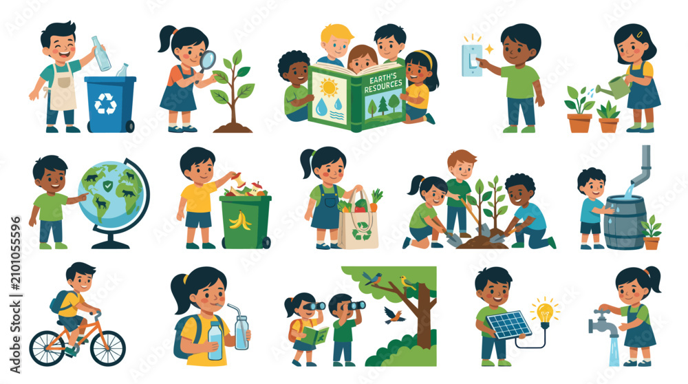 Fototapeta premium Diverse Kids Caring for Earth: Recycling, Planting, Solar Power, Water Conservation - Flat Style