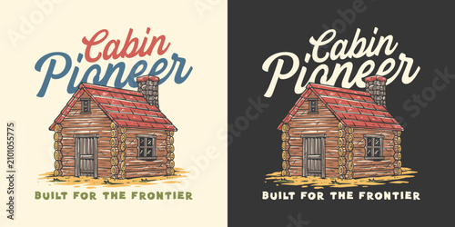Foto Vintage Rustic Pioneer Log Cabin with Timber Walls, Stone Chimney