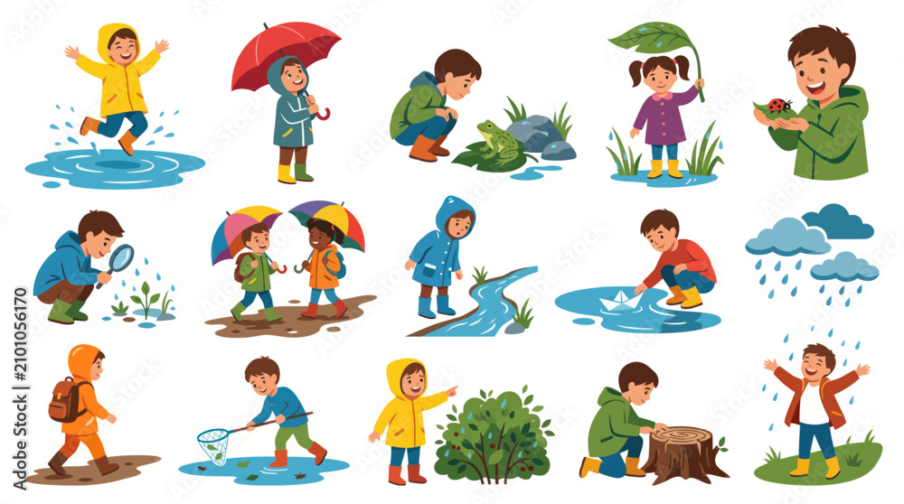 Fototapeta premium Happy Kids Playing in Rain, Puddles, Umbrellas, Nature Activities, Vector Art