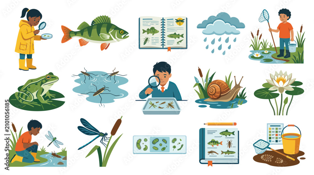Fototapeta premium Children Exploring Pond Life and Aquatic Nature