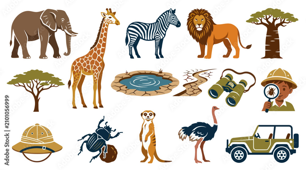 Obraz premium African Safari Animals Vector Set - Flat Style Illustration for Wildlife Exploration