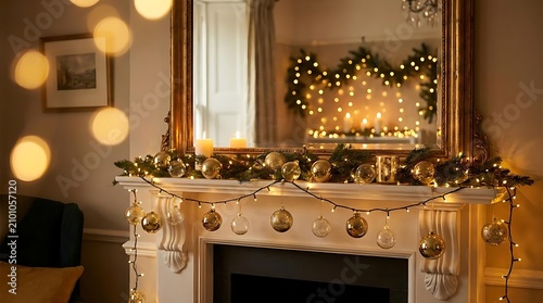Cozy fireplace decorated with christmas garland and lights for holiday celebration