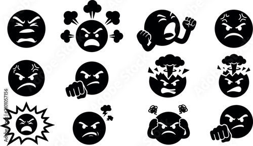 Foto Set of angry emoticon icons, vector illustration of furious faces expressing rag