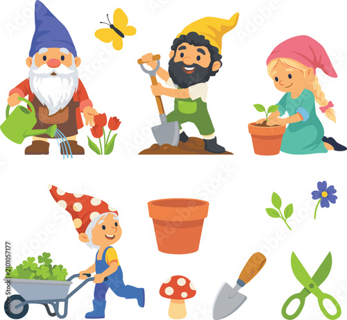 Cute Garden Gnomes Vector Character Set with Little Dwarfs Gardening, Planting Flowers, Digging Soil, and Watering Plants for Spring Graphic Designs