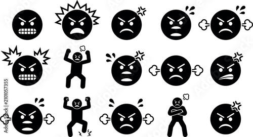 Foto Set of angry emoticons and stick figures expressing rage, frustration, and fury
