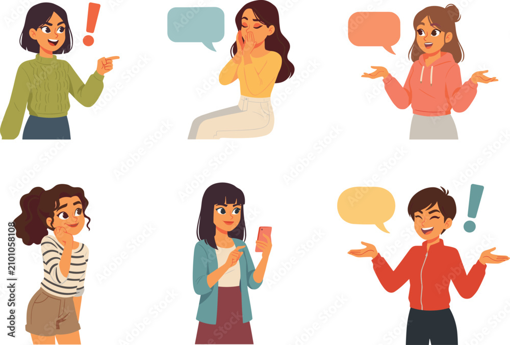 Fototapeta premium Young Women Communication Vector Character Set with Speech Bubbles Exclamation Marks and Smartphone Showing Various Emotional Poses for Social Media Designs