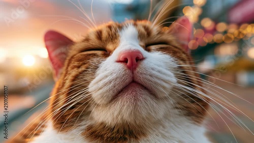 Cute funny close-up of a sleepy cat with a charming yawning expression on a lively city street, featuring soft fluffy fur, colorful urban bokeh lights, and a relaxed feline mood in a vibrant outdoor s