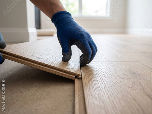 Installing natural oak interlocking laminate flooring panels close up