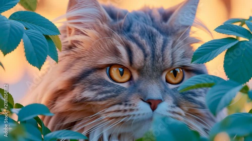  Curious long-haired cat peeking through lush green leaves, highlighting natural curiosity, alertness, and playful exploration.