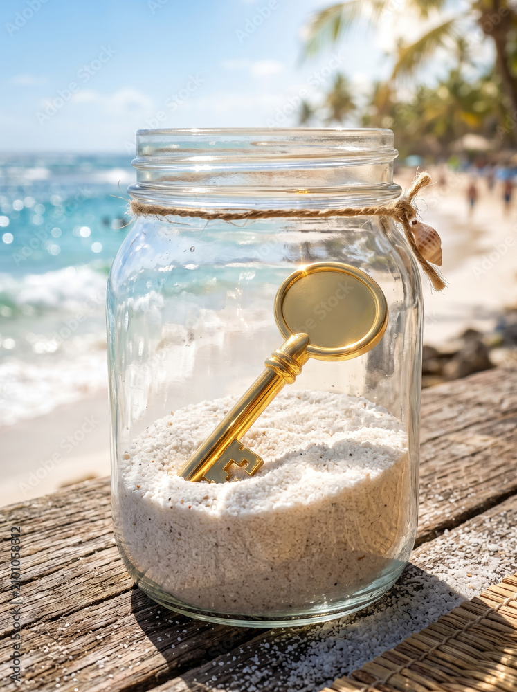 Fototapeta premium Decorative gold key in sand jar on sunny beach