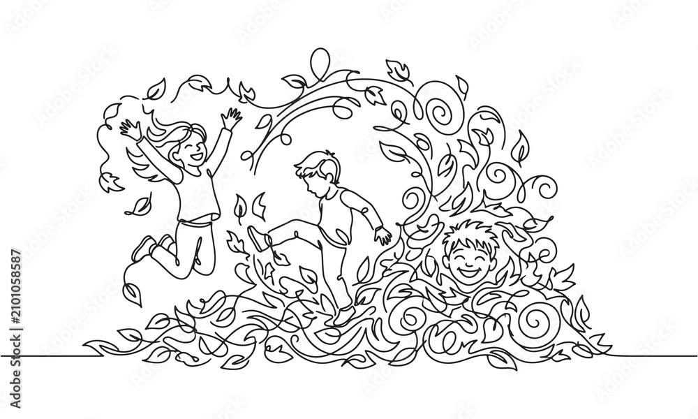 Fototapeta premium Continuous line of happy children playing and jumping in a large pile of autumn leaves, featuring swirling foliage patterns and joyful expressions in a minimalist style