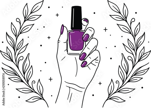 Fotografie Elegance nail care logo design featuring hand holding purple lacquer bottle fram