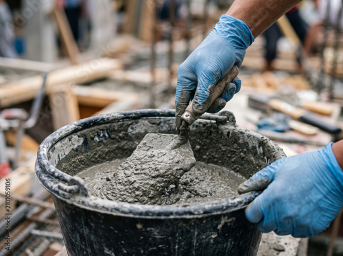 Mixing wet concrete mortar in black plastic bucket with trowel